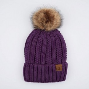 Skullies & Beanies Exclusives Fuzzy Lined Knit Fur Pom Beanie Hat (YJ-820) - Purple - CF18SLZ4GEG $17.52