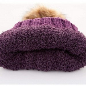 Skullies & Beanies Exclusives Fuzzy Lined Knit Fur Pom Beanie Hat (YJ-820) - Purple - CF18SLZ4GEG $17.52