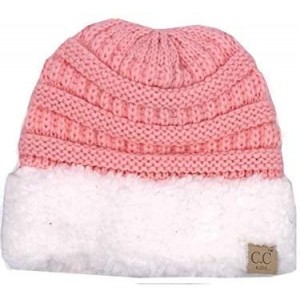 Skullies & Beanies C.C Unisex Soft Stretch Cable Knit Fuzzy Beanie Sherpa Trim - Pink/Ivory - C618REAWA56 $23.85