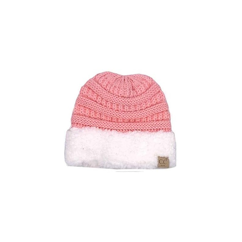 Skullies & Beanies C.C Unisex Soft Stretch Cable Knit Fuzzy Beanie Sherpa Trim - Pink/Ivory - C618REAWA56 $10.06