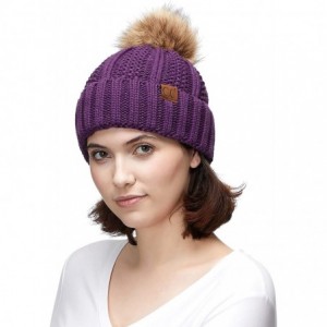 Skullies & Beanies Exclusives Fuzzy Lined Knit Fur Pom Beanie Hat (YJ-820) - Purple - CF18SLZ4GEG $17.52