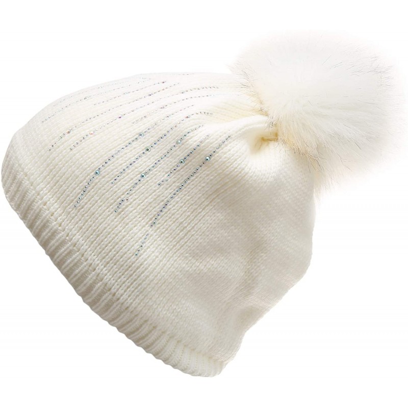 Skullies & Beanies Women's Winter Hats Rib Knit Soft Sherpa Lined Raindrop Rhinestone Studded Warm Luxury Pom Beanies - CW18I...