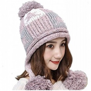 Skullies & Beanies Women's Girls Cute Winter Cozy Earflap Knitted Pom Pom Hat Beanies - Pink - CJ1930HQXH0 $28.04