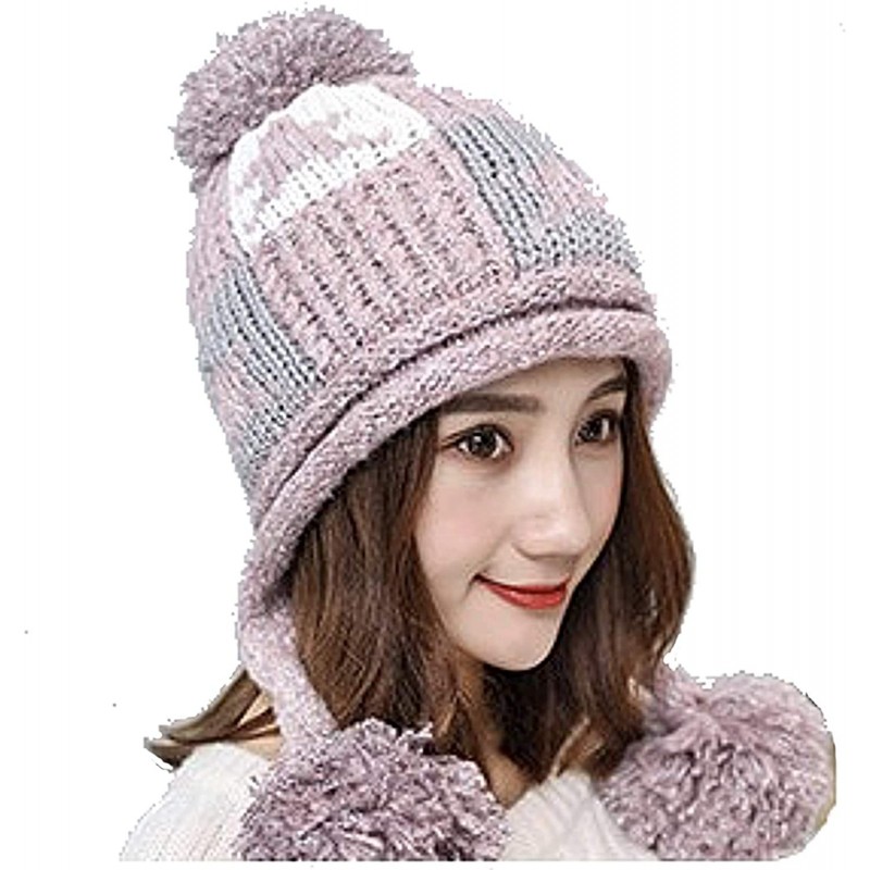 Skullies & Beanies Women's Girls Cute Winter Cozy Earflap Knitted Pom Pom Hat Beanies - Pink - CJ1930HQXH0 $18.21