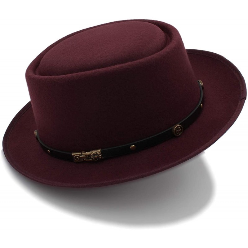 Fedoras Fashion Men Pork Pie Hat Dad Wool Flat Fedora Hat for Gentleman Gambler Fascinator Trilby Hat Hat - Wine Red - CM18O3...