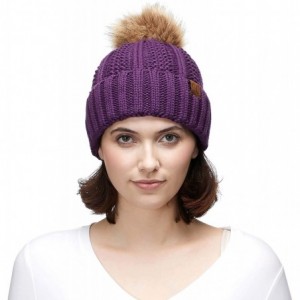 Skullies & Beanies Exclusives Fuzzy Lined Knit Fur Pom Beanie Hat (YJ-820) - Purple - CF18SLZ4GEG $17.52