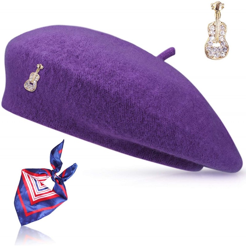 Berets Wool Beret Hat Solid Color French Artist Beret Skily Scarf Brooch - Purple - C218CO8QG4C $20.22