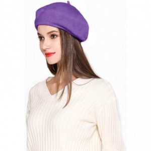 Berets Wool Beret Hat Solid Color French Artist Beret Skily Scarf Brooch - Purple - C218CO8QG4C $13.39