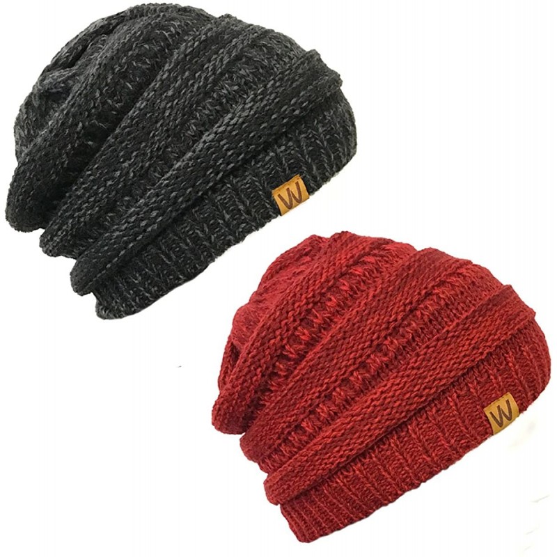 Skullies & Beanies Winter Thick Knit Slouchy Beanie (Set of 2) - Two Tone- Wine Red and Charcoal Gray - CC12OCTA3HC $11.70