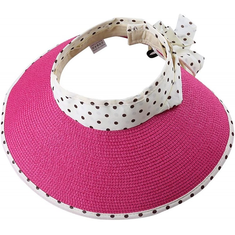 Sun Hats Girl Lady Foldable Polka Dot Ribbon Straw Wide Brim Floppy Sun Hat Visor - Hot Pink - C512GZSBFNX $15.42