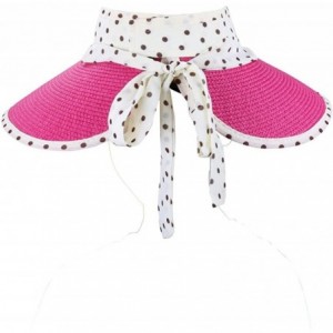 Sun Hats Girl Lady Foldable Polka Dot Ribbon Straw Wide Brim Floppy Sun Hat Visor - Hot Pink - C512GZSBFNX $15.42