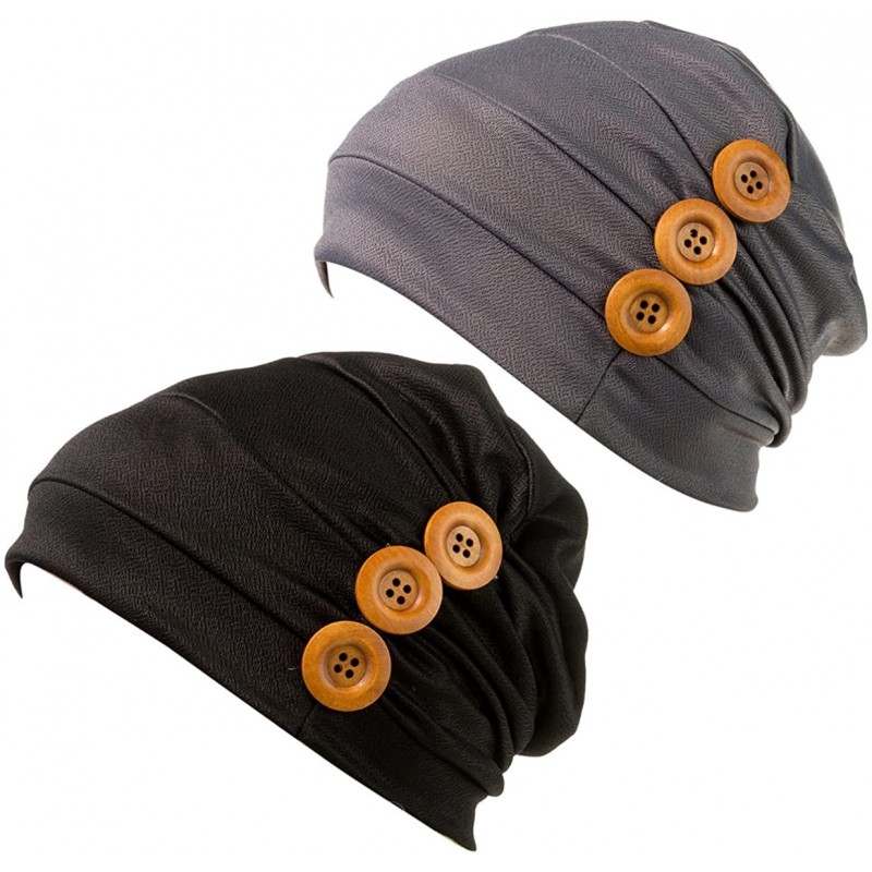 Headbands Print Flower Cap Cancer Hats Beanie Stretch Casual Turbans for Women - Button-(black+gray) - CP18DKYSMXW $17.07