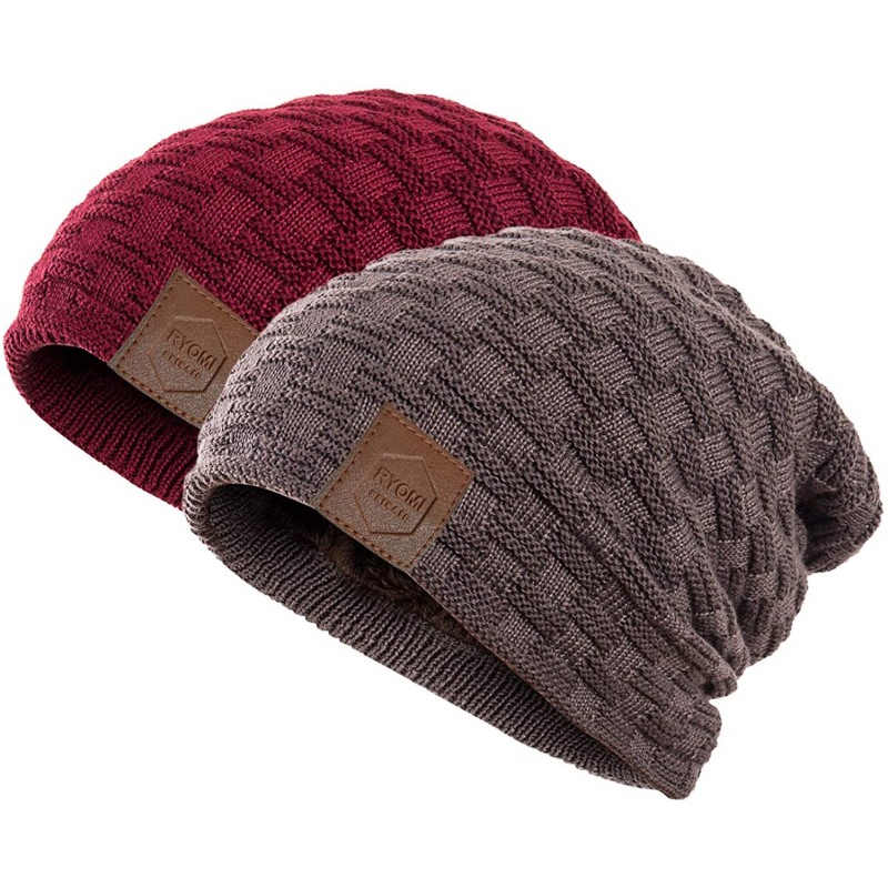 Skullies & Beanies Beanie Hat for Men and Women Fleece Lined Winter Warm Hats Knit Slouchy Thick Skull Cap - Khaki &Wine Red ...