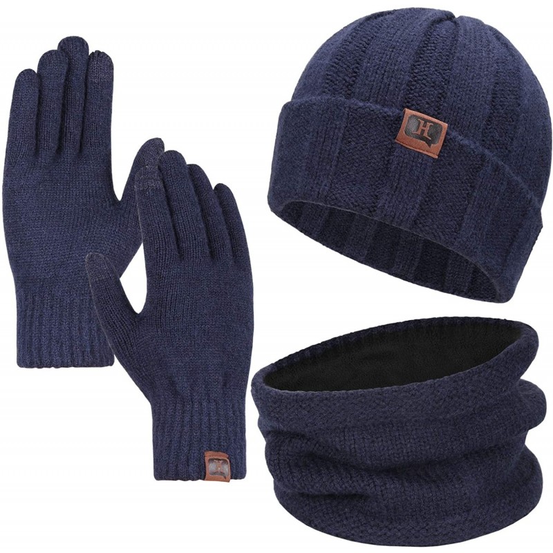 Skullies & Beanies Men's Winter Warm Thick Knit Beanie Hat & Scarf & Touchscreen Gloves Set for Men - 1-navy Blue - CV18Z607Z...