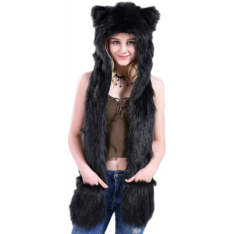 Bomber Hats Animal Hood Faux Fur Hat with Scarfs Mittens Ears and Paws 3 in 1 Soft Warm Winter Headwear - All Black - CL18KM5...