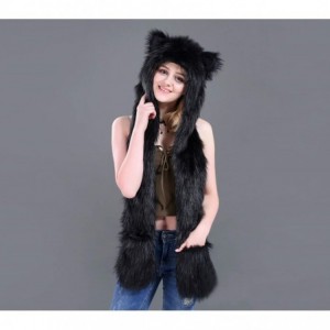 Bomber Hats Animal Hood Faux Fur Hat with Scarfs Mittens Ears and Paws 3 in 1 Soft Warm Winter Headwear - All Black - CL18KM5...
