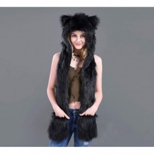 Bomber Hats Animal Hood Faux Fur Hat with Scarfs Mittens Ears and Paws 3 in 1 Soft Warm Winter Headwear - All Black - CL18KM5...