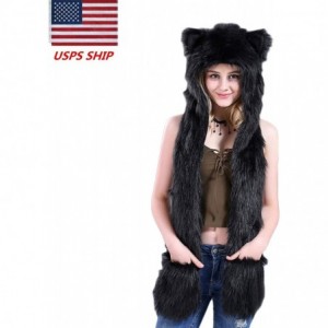 Bomber Hats Animal Hood Faux Fur Hat with Scarfs Mittens Ears and Paws 3 in 1 Soft Warm Winter Headwear - All Black - CL18KM5...