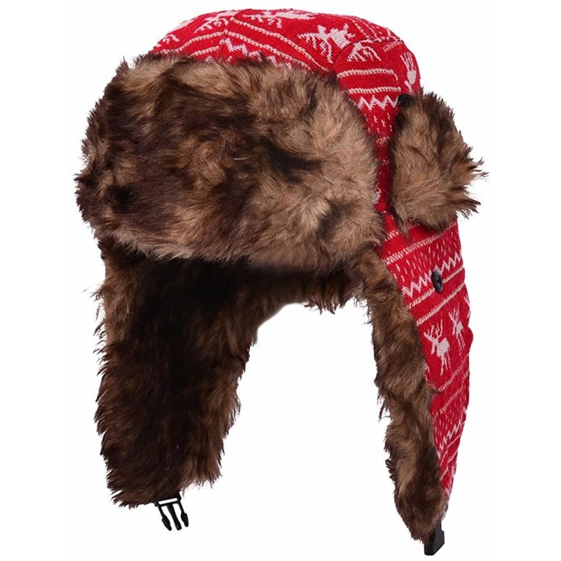 Bomber Hats Earflap Hat Winter Faux Fur Trapper Ski Hats Womens Girls Mens Multi Styles - Deer Knit & Faux Fur - Red - CN11O8...