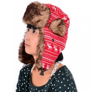 Bomber Hats Earflap Hat Winter Faux Fur Trapper Ski Hats Womens Girls Mens Multi Styles - Deer Knit & Faux Fur - Red - CN11O8...