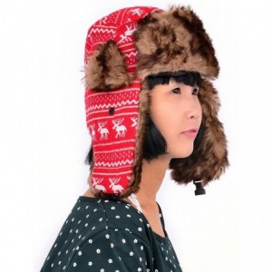 Bomber Hats Earflap Hat Winter Faux Fur Trapper Ski Hats Womens Girls Mens Multi Styles - Deer Knit & Faux Fur - Red - CN11O8...