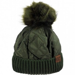 Skullies & Beanies Soft Quilted Puffer Detachable Faux Fur Pom Inner Lined Cuff Beanie Hat - Olive - C918KAMRHYZ $17.08