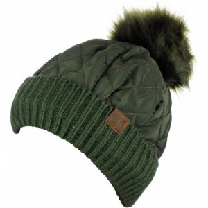 Skullies & Beanies Soft Quilted Puffer Detachable Faux Fur Pom Inner Lined Cuff Beanie Hat - Olive - C918KAMRHYZ $17.08