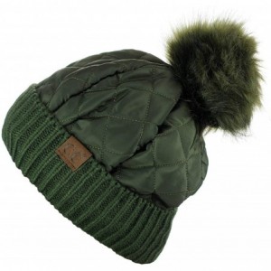 Skullies & Beanies Soft Quilted Puffer Detachable Faux Fur Pom Inner Lined Cuff Beanie Hat - Olive - C918KAMRHYZ $17.08