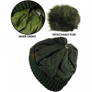 Skullies & Beanies Soft Quilted Puffer Detachable Faux Fur Pom Inner Lined Cuff Beanie Hat - Olive - C918KAMRHYZ $17.08