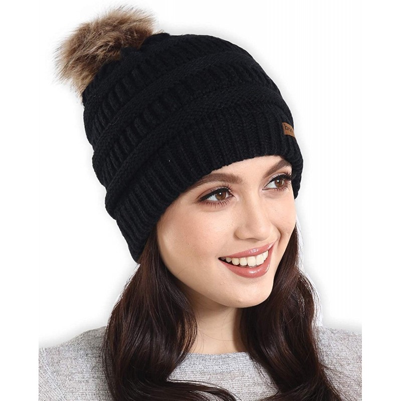 Skullies & Beanies Faux Fur Pom Pom Beanie for Women - Cable Knit Winter Hats for Cold Weather - Black - CN18HDO8IGW $11.16