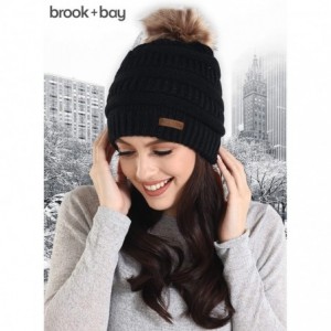 Skullies & Beanies Faux Fur Pom Pom Beanie for Women - Cable Knit Winter Hats for Cold Weather - Black - CN18HDO8IGW $11.16