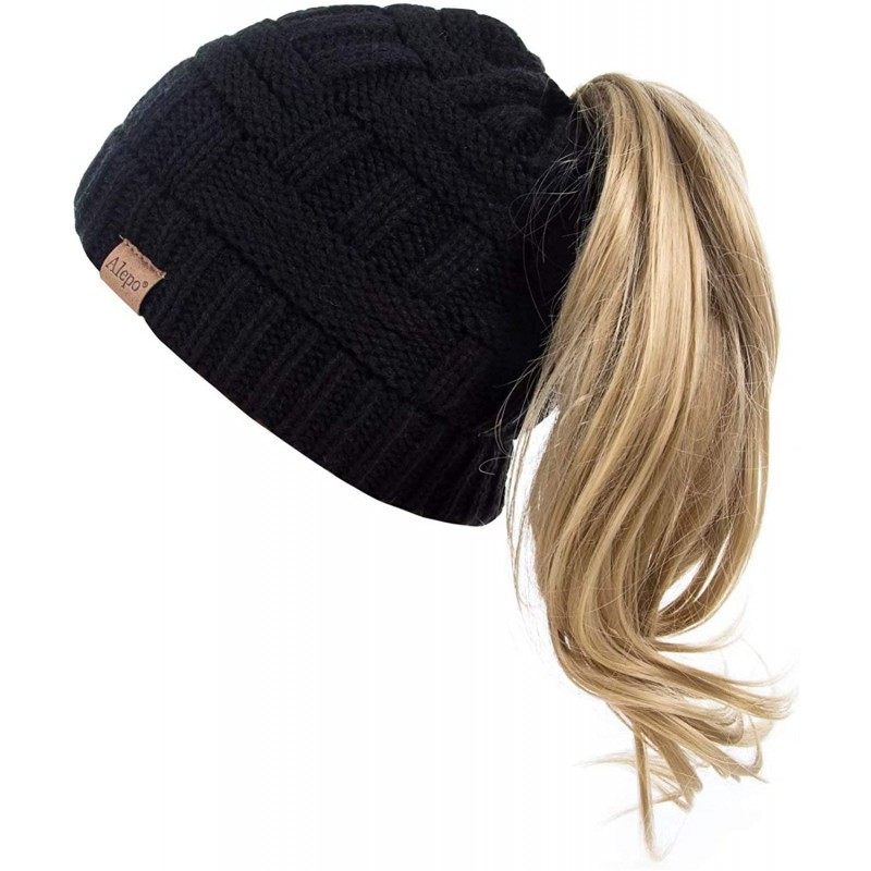 Skullies & Beanies Womens High Messy Bun Beanie Hat with Ponytail Hole- Winter Warm Trendy Knit Ski Skull Cap - Black - C418X...