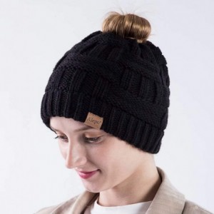 Skullies & Beanies Womens High Messy Bun Beanie Hat with Ponytail Hole- Winter Warm Trendy Knit Ski Skull Cap - Black - C418X...
