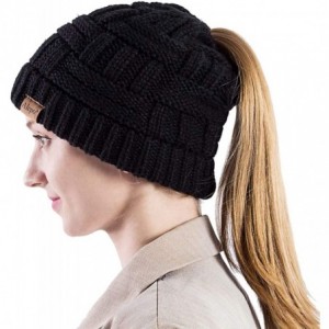 Skullies & Beanies Womens High Messy Bun Beanie Hat with Ponytail Hole- Winter Warm Trendy Knit Ski Skull Cap - Black - C418X...