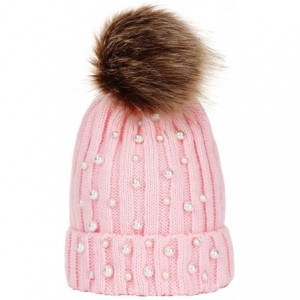 Skullies & Beanies Women Faux Fur Pom Pom Beanie Cap Fashion Winter Pearl Knit Ski Hat - Pink - CD18LKDITWK $15.16
