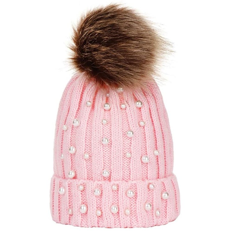 Skullies & Beanies Women Faux Fur Pom Pom Beanie Cap Fashion Winter Pearl Knit Ski Hat - Pink - CD18LKDITWK $8.20
