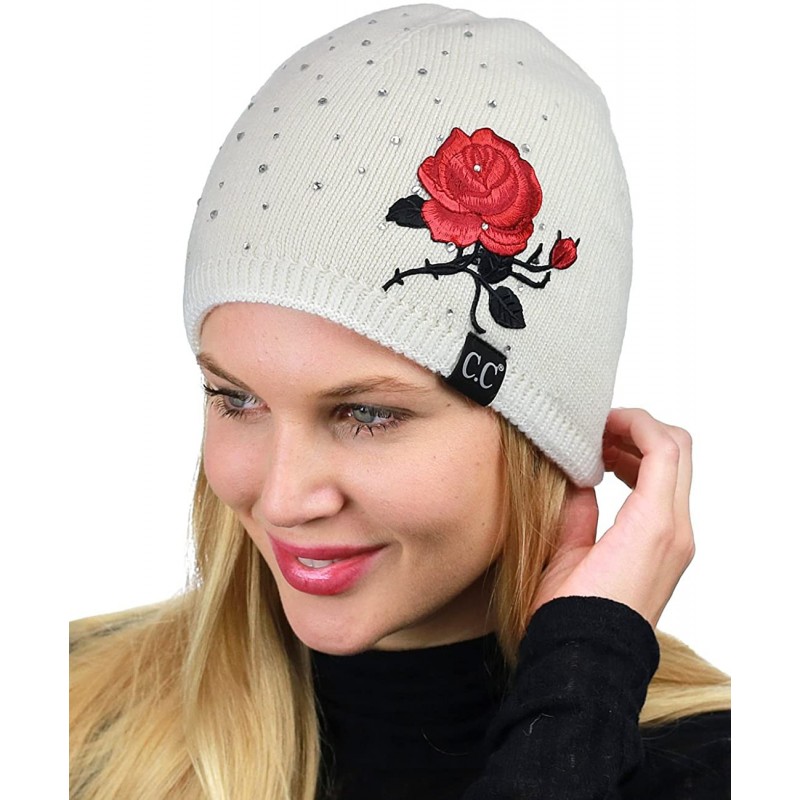 Skullies & Beanies Rhinestone Embellished Embroidered Rose Angora Skull Cap Beanie - Ivory - CC187EGWKGN $20.84