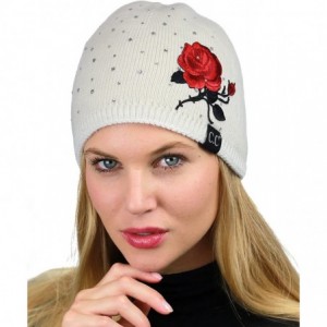 Skullies & Beanies Rhinestone Embellished Embroidered Rose Angora Skull Cap Beanie - Ivory - CC187EGWKGN $20.84