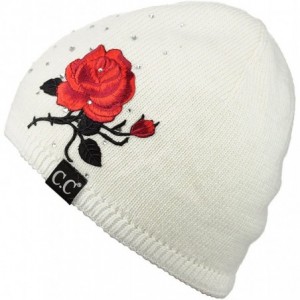 Skullies & Beanies Rhinestone Embellished Embroidered Rose Angora Skull Cap Beanie - Ivory - CC187EGWKGN $20.84