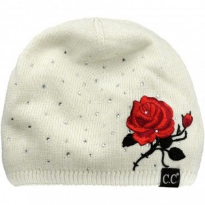 Skullies & Beanies Rhinestone Embellished Embroidered Rose Angora Skull Cap Beanie - Ivory - CC187EGWKGN $20.84