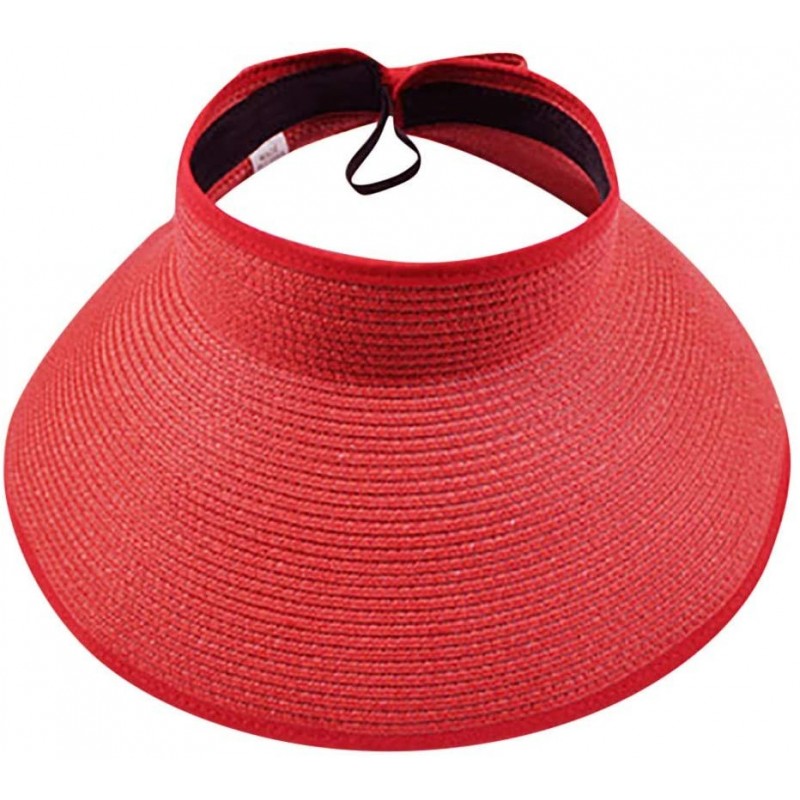 Sun Hats Women's Wide Brim Sun Hat Summer Foldable Straw Sun Visor Bowtie Hat for Travel (Red) - Red - CH18U0GDWXG $11.15