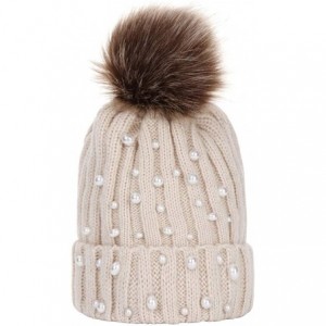 Skullies & Beanies Women Faux Fur Pom Pom Beanie Cap Fashion Winter Pearl Knit Ski Hat - Khaki - CA18LK8RWW4 $16.83