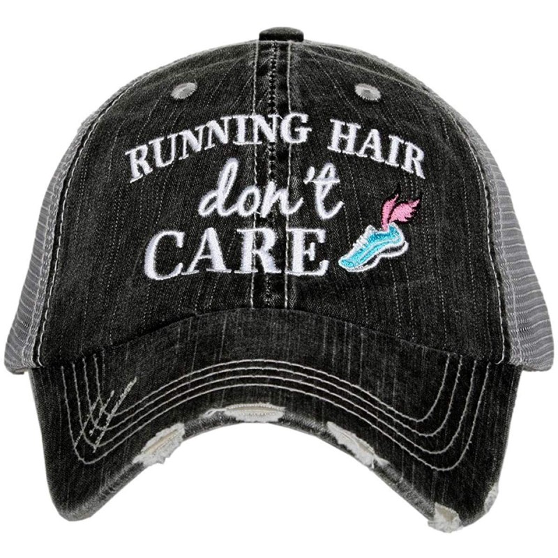 Baseball Caps Running Hair Don't Care Women's Distressed Trucker Hat - Grey - CB18XM8498Y $18.76