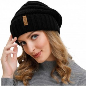 Skullies & Beanies Knit Beanie Hats for Women Men Trendy Oversized Chunky Fleece Lined Ski Skull Cap Slouchy Winter Hat - Bla...
