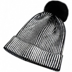 Skullies & Beanies Women Girls Metallic Winter Hat Soft Warm Knitted Beanie Pom Pom Skull Cap - Silver - CL18HAQU8T7 $28.57