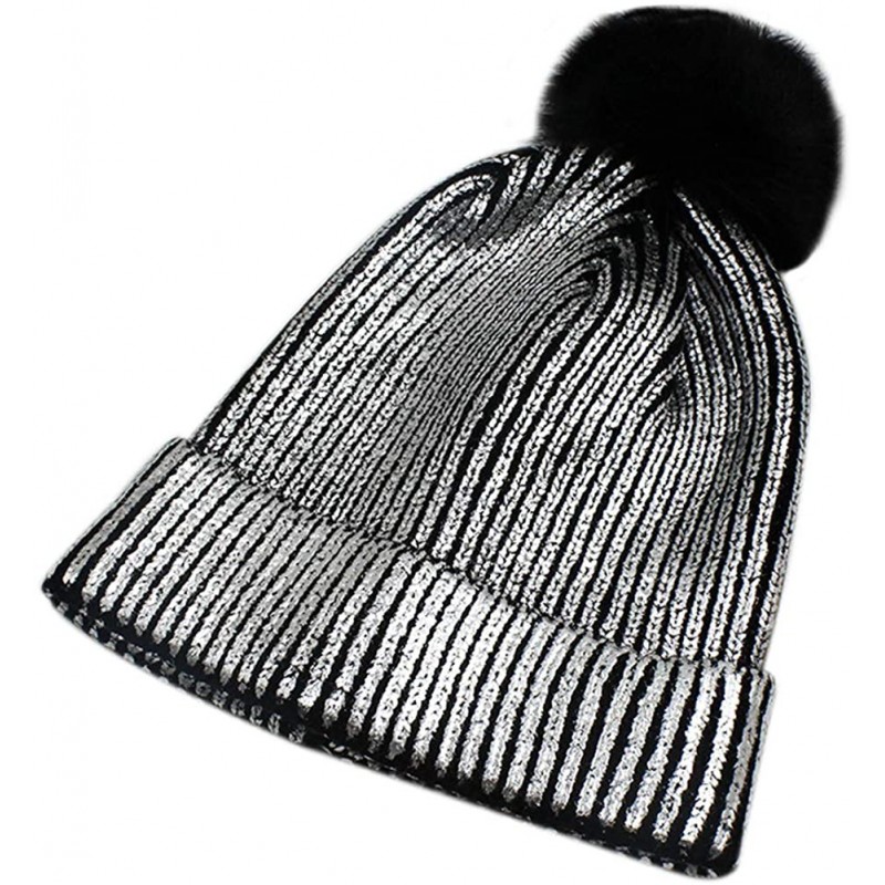 Skullies & Beanies Women Girls Metallic Winter Hat Soft Warm Knitted Beanie Pom Pom Skull Cap - Silver - CL18HAQU8T7 $13.55