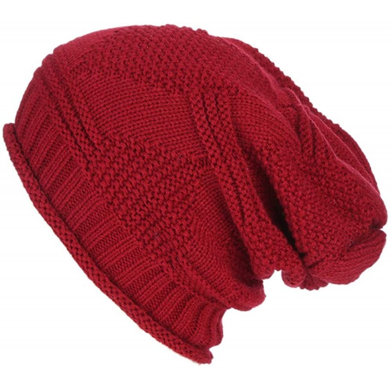 Skullies & Beanies Womens Knit Cap Baggy Warm Crochet Winter Wool Ski Beanie Skull Slouchy Hat - Wine Red - CL18IE3SZX2 $8.35