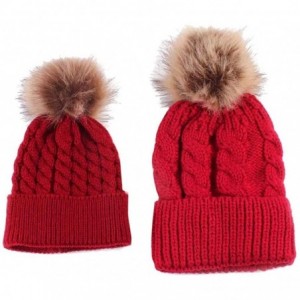 Skullies & Beanies Mom/Baby Winter Hand Knit Faux Fur Pompoms Beanie Hat - Red - CR12N1H33LF $9.48