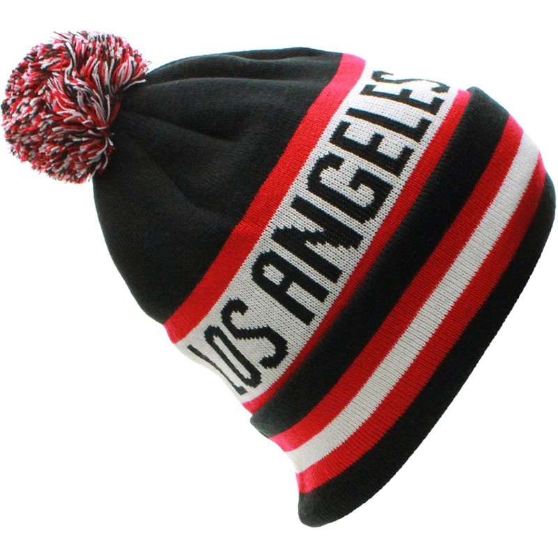 Skullies & Beanies USA Favorite City Cuff Winter Beanie Knit Pom Pom Hat Cap - Los Angeles - Black Red - CN11Q2TZVJ5 $14.44