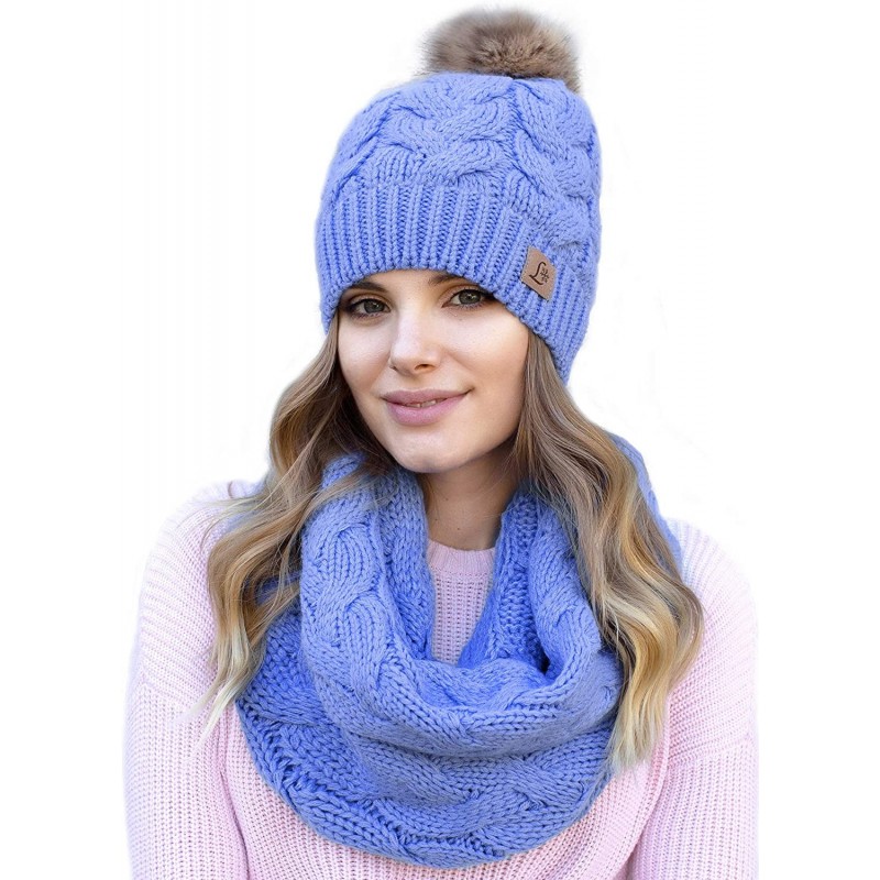 Skullies & Beanies Winter Knit Pom Beanie Hat Scarf Set Women Cute Soft Warm Infinity Scarves - Blue Fleece Lined - CO18XY868...